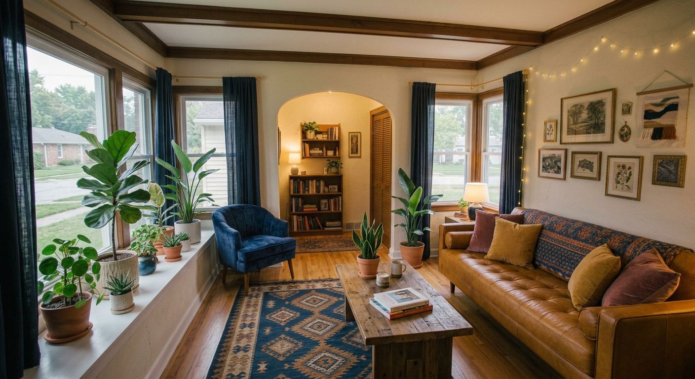 Villa Tramontana — salón con sofá de cuero coñac sobre cemento alisado frente al Atlántico en Comporta